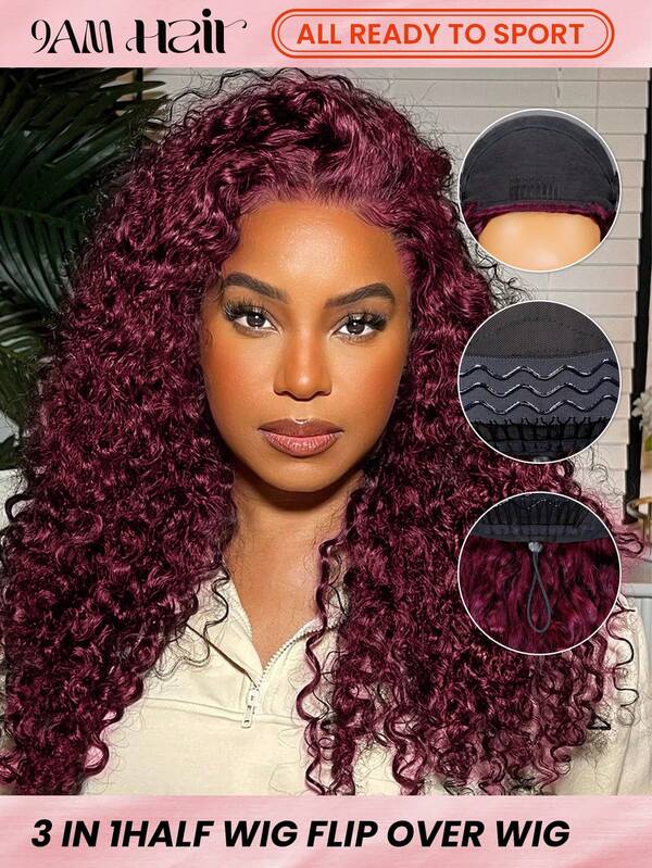 ALL READY WIG TO SPORT Fale wodne, ludzkie włosy, 3 w 1, półperuka, bezszwowa, przerzucana peruka, ludzkie włosy, bez kleju, bez koronki, półperuka, ludzkie włosy, gęstość 180%, 14-16 cali, bob, 18-28 cali, długie włosy, kolor bordowy, wysokiej jakości peruka, codzienne użytkowanie, dla początkujących, niezbędne prezenty na wakacje dla kobiet, szybka wysyłka, dodatek do włosów
