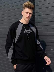 SHEIN 青少年男童/青少年男童休闲日常舒适拼接撞色刺绣圆领宽松套头抓绒卫衣 - 黑色 - 查看 6