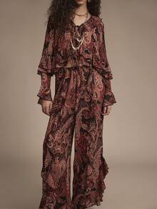 Florisole 女士优雅休闲荷叶边喇叭袖宽松系腰连体裤，秋冬浪漫衬衫裤套装波西米亚风女装 - 黑色 - 查看 1