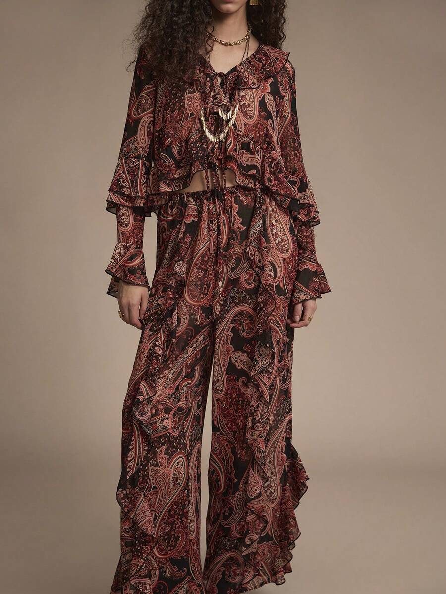 Florisole 女士优雅休闲荷叶边喇叭袖宽松系腰连体裤，秋冬浪漫衬衫裤套装波西米亚风女装 - 黑色 - 查看 1