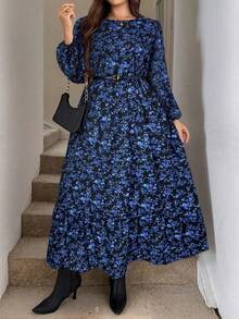 SHEIN LUNE Đầm thường ngày cổ tròn tay đèn lồng in họa tiết hoa toàn thân cho nữ cỡ lớn - màu đen - Xem 6