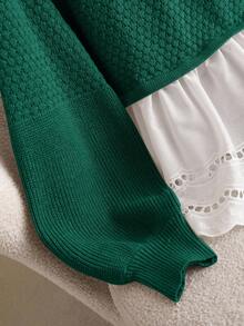 CosyJoli Suéter holgado con cuello redondo, cintura ceñida, mangas farol, parches y volantes en el bajo para mujer de talla grande. Suéter de ganchillo, suéter de punto, blusa de encaje para mujer, top estilo cottage para otoño/invierno - Verde Oscuro - Ver 3