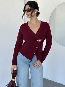 Firerie Women's Elegant Burgundy V-Neck Long Sleeve Cardigan,Autumn Office Refined Minimalist Casual Fashion Metal Button Daily Commute Christmas Knitwear - Red Violet - View 5