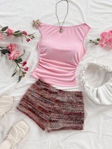 Soleia 新款休闲度假西部海滩婚礼宾客礼服，毕业早午餐，圣帕特里克节，春假，复活节，音乐节，优雅波西米亚热带风情毛绒棕色针织不对称露肩花卉露背两件套女装 - 彩色 - 查看 6