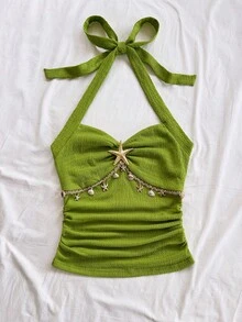 Soleia 女士度假风露背系带海星贝壳装饰荷叶边V领花卉金属扣白色针织纹理修身背心，性感修身时尚上衣，适合派对、约会、邮轮、度假、海滩、婚礼、音乐节、情人节、夜店、波西米亚风等场合。 - 軍綠色 - 查看 5