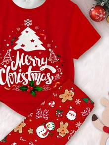SHEIN Tween Girls' Red Summer Cute Graphic Sleep Christmas Pajama Set,Cartoon Deer Star Christmas Tree Short Sleeve Crew Neck T-Shirt & Leggings,Snug Fit - Multicolor - View 5