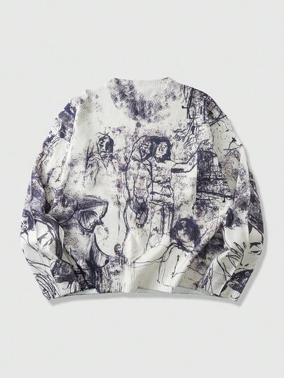 Goth Men's Abstract Figure Print Sweater, Fashionable For Autumn/Winter