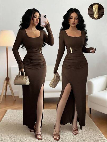 Elenzga Women's Elegant High-End Square Neck Long Sleeve Waist Metal Buckle Ruched Cinched Waist Asymmetric Hem Party Midi Dress, Autumn