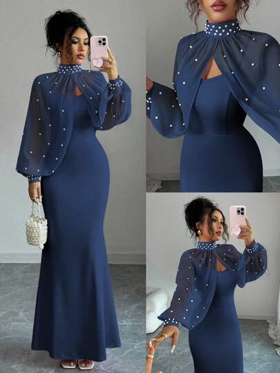 Elenzga New Elegant Mature Charm Evening Gown, Dignified & Gentle, Dreamy Pink, Hand-Beaded Long Sleeve Top, Graceful Mermaid Hem Bodycon Slip Dress Set