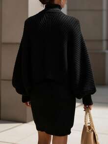 EMERY ROSE 女士优雅高领宽松针织毛衣连衣裙两件套，秋冬款 - 黑色 - 查看 2