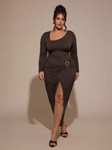 SHEIN BAE Plus Size Women's Asymmetrical Long Sleeve Dress, Brown, Autumn/Winter,Winter ,Spring,Summer,Christmas ,New Year,Party ,Elegant,Casual Dresses For Women,Vacation Outfits Women ,Valentine's Day,Wedding, Birthday, Formal,Wedding, Birthday, Formal,Brown,Suitable For Dates, Parties, Back-To-School, And Birthday Parties. Sexy Curve Dress