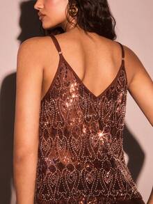 SHEIN PETITE 女士时尚派对亮片网纱吊带背心 - 咖啡棕 - 查看 2