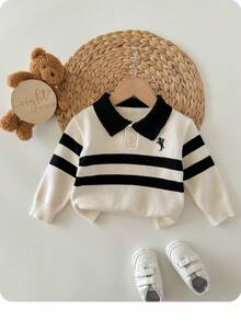 Baby Boy Contrast Stripe Drop Shoulder Half-Zip Casual Patchwork Collar Sweater