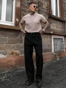 Manfinity Homme 男士设计师正装裤，时尚休闲正式黑色西装裤，优雅垂坠效果 - 黑色 - 查看 4