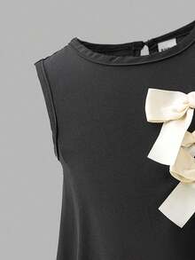 Sweetra 女童（小）无袖优雅休闲蝴蝶结设计中长连衣裙 - 黑色 - 查看 6