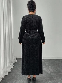 Modelyn 女式V领灯笼袖天鹅绒压花优雅高端派对加大码连衣裙 - 黑色 - 查看 2
