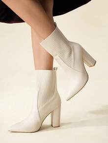 CUCCOO BASICS 女士尖头粗跟米色时尚优雅通勤简约日常百搭针织中筒踝靴 - 米色 - 查看 9