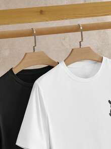 Manfinity NXTstreet 2 piezas empaquetadas Camiseta de manga corta con estampado de conejo de punto casual para hombres - Blanco y Negro - Ver 5