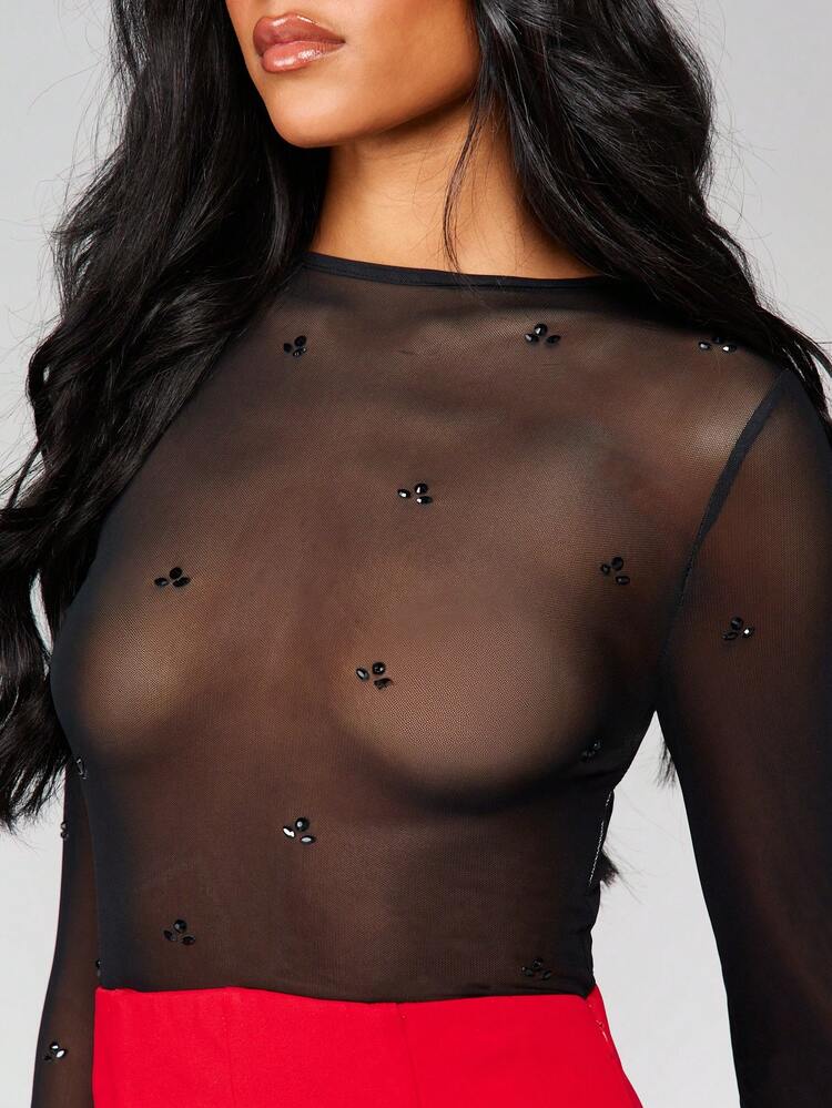 MISSGUIDED Świąteczny, siateczkowy, z długim rękawem i zdobiony kryształkami, przezroczysty, imprezowy body klubowy