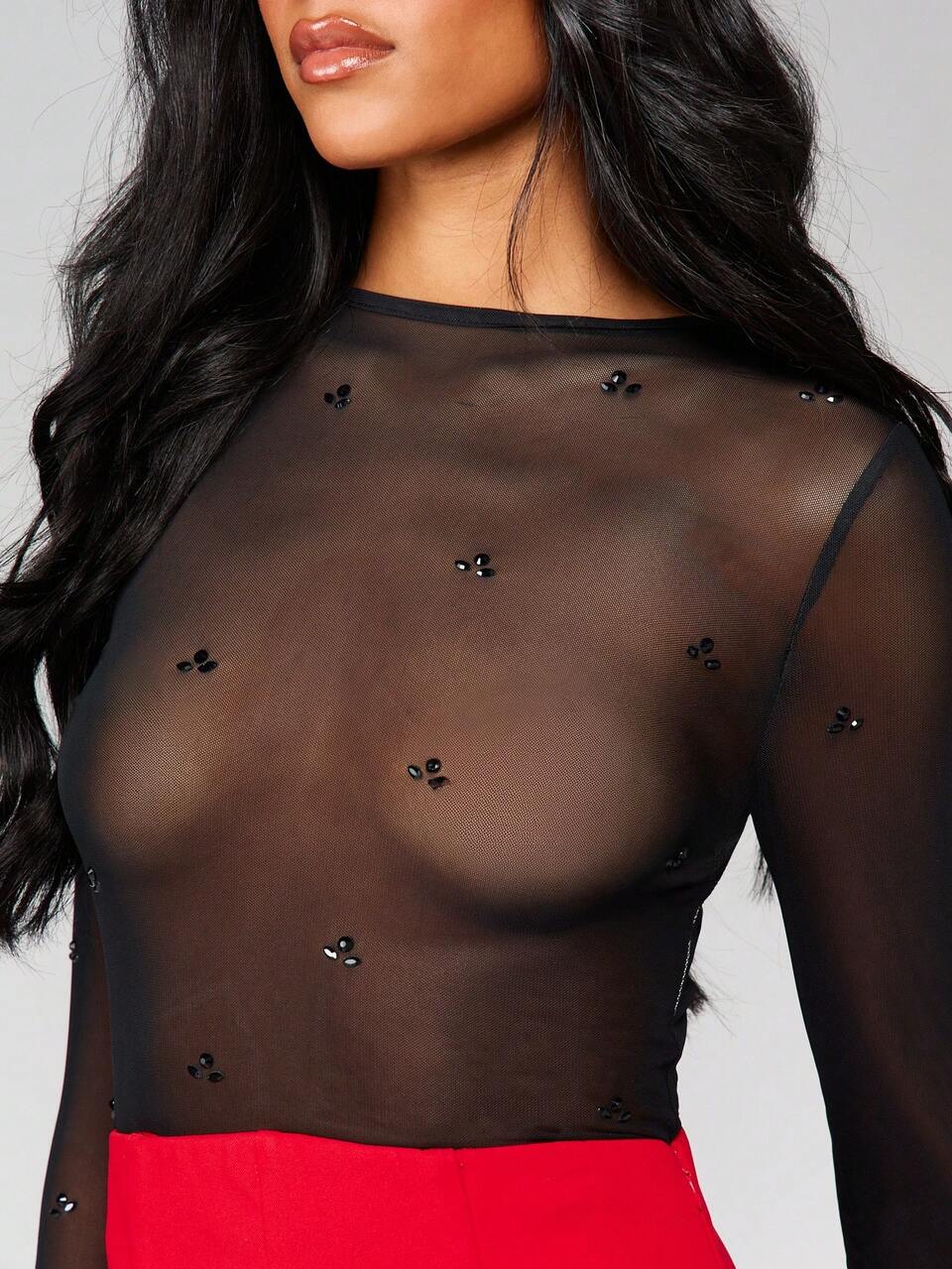 MISSGUIDED Christmas Long Sleeve Mesh Rhinestone Embellished Sheer Party Club Bodysuit Top