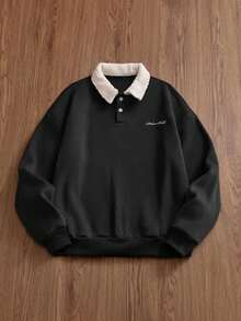 SWAVVY 男士撞色刺绣英文字母 Polo 领卫衣，秋冬服装，情侣装 - 彩色 - 查看 5