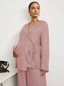 MaterniWear 优雅孕妇通勤纯色系带衬衫和裤子套装 - 藕粉色 - 查看 6