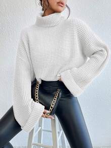 SHEIN 女士休闲纯色高领华夫格针织宽松毛衣，秋冬季 - 白色 - 查看 5