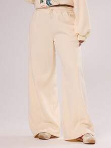 MUSERA 加大码阔腿裤，裤腿缝线细节，松紧腰带设计，适合冬季、假日、舒适、可爱、节日、滑雪、派对后休闲穿着。 - 杏色 - 查看 1