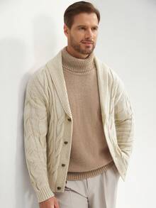 Manfinity Homme 男士披肩领麻花针织开衫，纽扣前开襟，适合秋冬季节，长袖上衣 - 杏色 - 查看 5