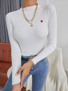 INAWLY Suéter de manga larga con cuello alto acanalado y ajuste ceñido con bordado de corazón - Blanco - Ver 6
