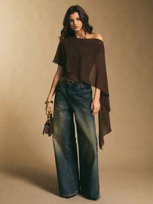 Poéselle Women's One-Shoulder Shawl Bodysuit – A Bodysuit With Draped, Asymmetrical Chiffon Sleeves, Creating An Elegant Nightlife Look. One-Shoulder Shawl Sleeve Bodysuit, Draped Bodysuit, Women's Asymmetrical Evening Top, Brown Bodysuit, Fashionable Chiffon Shawl Bodysuit, Autumn/Winter Style. Asymmetrical Top, Poncho Top, Chocolate Brown Top - Burgundy - View 8