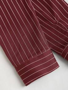 Sweetra Fashionable Contrast Color Textured Button Fitted Waist Flattering Striped Collar Long Sleeve Blouse For Women - Red - View 4