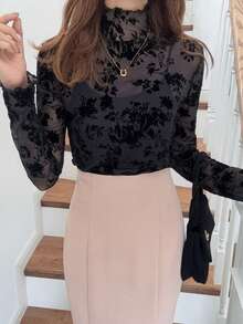 FRIFUL 女士时尚性感透视修身高领长袖上衣 - 黑色 - 查看 7
