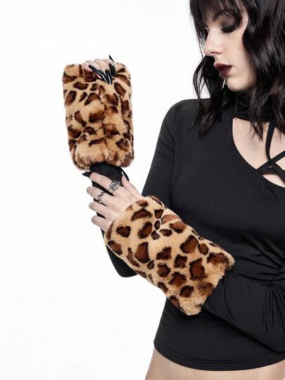 Goth 1 par de guantes sin dedos con estampado de leopardo y camel en estilo retro Y2K, guantes de estilo minimalista y salvaje de moda para mujer, adecuados para uso diario, fiestas, reuniones, otoño/invierno, Halloween, Navidad