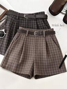 Franclia 女士复古格子口袋褶裥休闲短裤，秋季款 - 棕色 - 查看 4