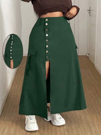 Maweii Falda casual y de trabajo de línea A con dobladillo dividido, talla grande, otoño/invierno