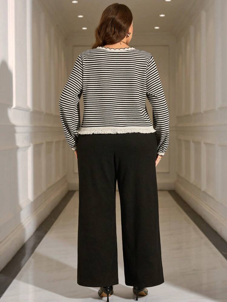 Plus Size Women's Casual Commuter Contrast Stripe Print Top And Wide Leg Pants 2 Piece Set, Spring/Autumn  Thanksgiving Outfit For Women New Year Christmas Clothes For Women  Winter Clothes For Women