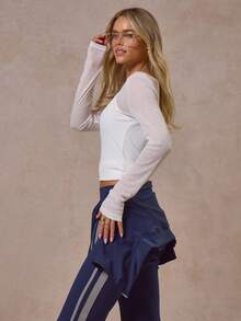 MUSERA Double Layered Scoop Neck Skinny Strap Sheer Long Sleeve Top Autumn Winter Cool Streetwear Going Out Casual Everyday - White - View 3