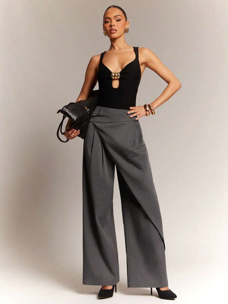 Hauture Pantalon casual ample à jambes larges avec design patchwork de couleur unie pour femmes - Gris foncé - Voir 1