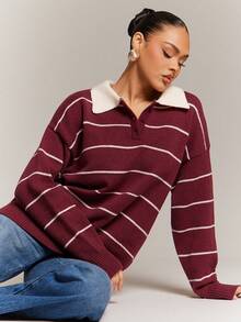 Hauture 女士性感休闲办公室宽松条纹落肩长袖针织毛衣 - 彩色 - 查看 6