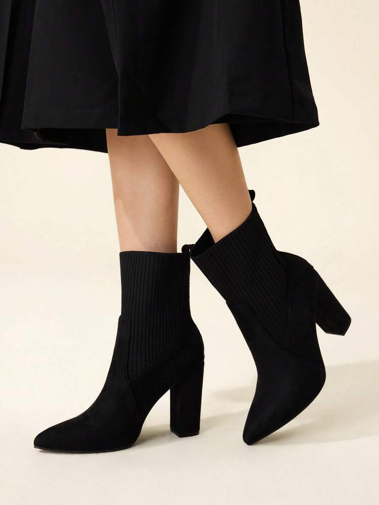 CUCCOO BASICS 女士尖头粗跟黑色靴子，时尚优雅通勤百搭针织中筒短靴 - 黑色 - 查看 5