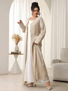 SHEIN Najma V领纽扣纹理面料肩部覆盖长袖女式长袍 - 杏色 - 查看 6