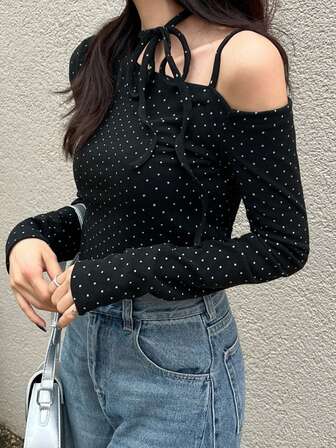 FRIFUL Femmes T-shirt décontracté polyvalent à manches longues, col asymétrique, col oblique, à pois, avec cordon de serrage à l'épaule, automne