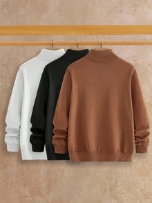 HIMLAND 3pcs/Set Men's Crew Neck Basic Solid Color Pullover Sweaters Men Sweater Top Men Turtleneck Pullovers Sweater Plain Sweater, Fall Winter Clothes