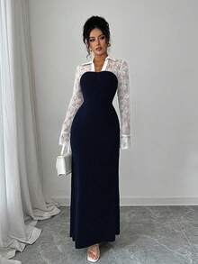 Elenzga Váy đuôi cá phối lưới hoa thêu hoa thanh lịch, lãng mạn, eo ôm vừa vặn dành cho nữ - Màu xanh hải quân - Xem 5