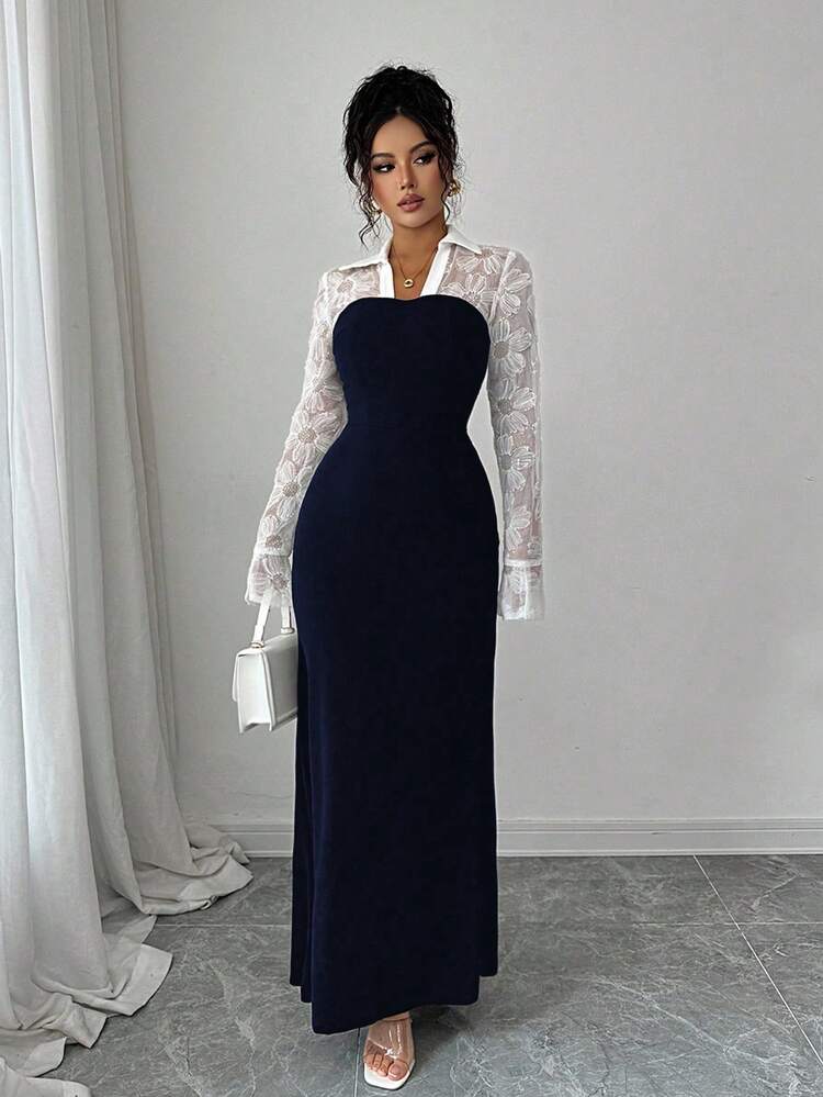 Elenzga Váy đuôi cá phối lưới hoa thêu hoa thanh lịch, lãng mạn, eo ôm vừa vặn dành cho nữ - Màu xanh hải quân - Xem 5