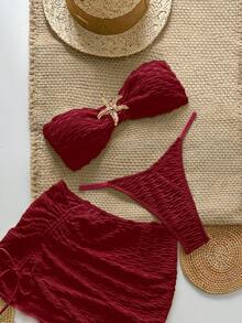 Swim Chiccia 3件套纹理无肩带海星比基尼性感泳衣套装 - 酒紅色 - 查看 1