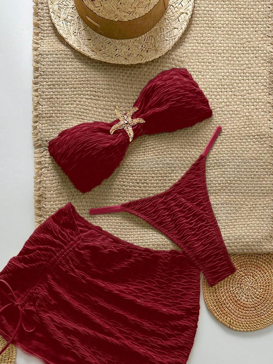 Swim Chiccia 3件套纹理无肩带海星比基尼性感泳衣套装 - 酒紅色 - 查看 1