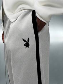PLAYBOY X SUMWON 阔腿低裆慢跑运动裤，侧边条纹装饰，抽绳腰带，休闲舒适 - 灰色 - 查看 5