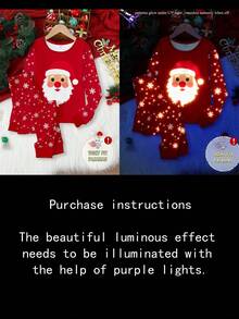 少女圣诞主题红色睡衣，圣诞老人印花搭配雪狐图案，夜光针织弹力长袖上衣和裤子两件套睡衣套装 - 紅色 - 查看 7